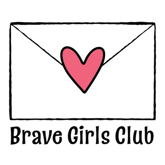 Dear Brave Girl monthly letter subscription for girls — envelope containing Billie's personal letter, illustrated 4x6 print, stickers, affirmation card and flower to colour, for girls aged 6 to 10